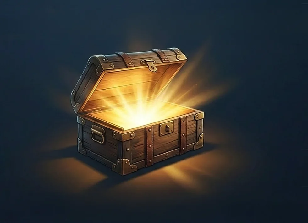 An open wooden chest with warm light pouring out of it