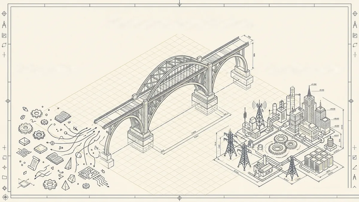 A bridge drawn as a blueprint: scattered information on the left, a working city on the right